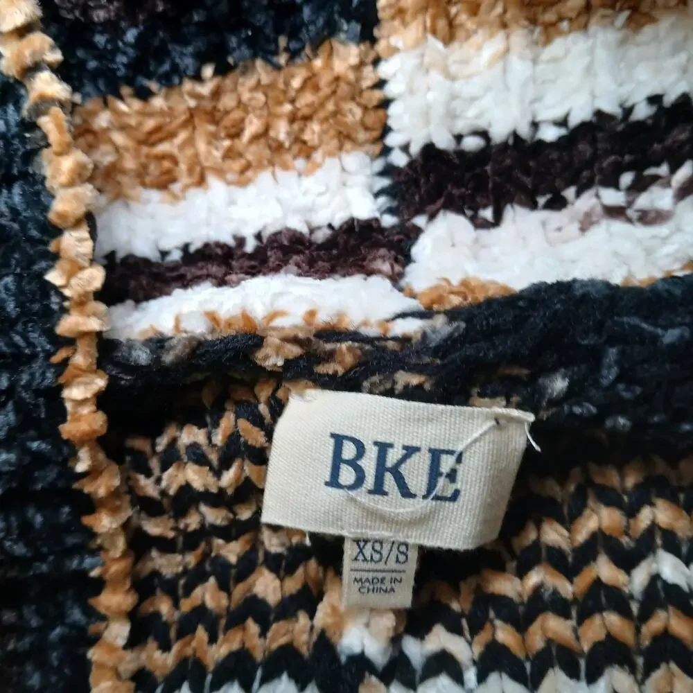 BKE Chenille Open Front Striped Cardigan Sweater XS/S Black Brown Tan‎ Boho Cozy